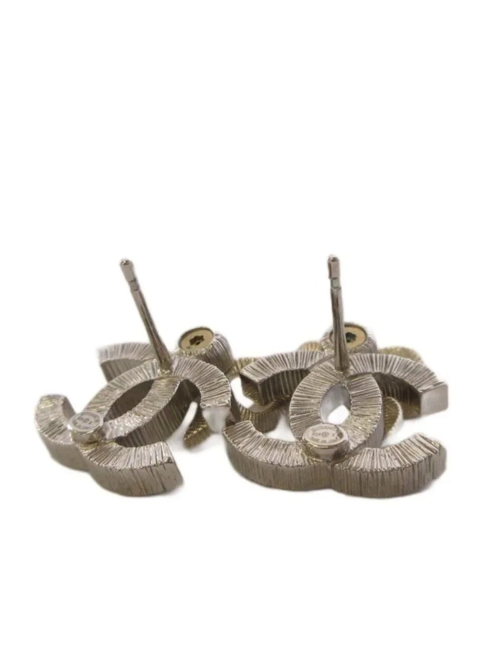 Chanel 24k CC Logo Ribbon Earrings Silver Color Gold KH